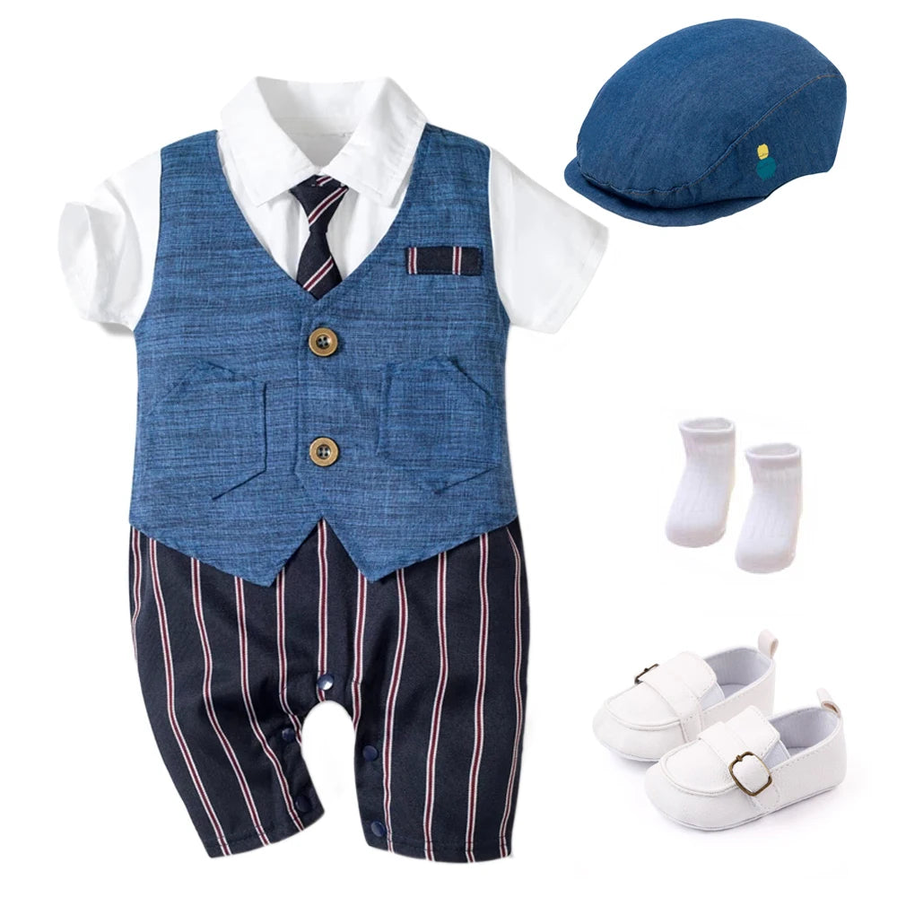 Charming Blue Summer Baby Romper Set for Boys - Complete 4 Piece Outfit with Hat, Stylish Jumpsuit, Comfy Shoes, and Cute Socks!