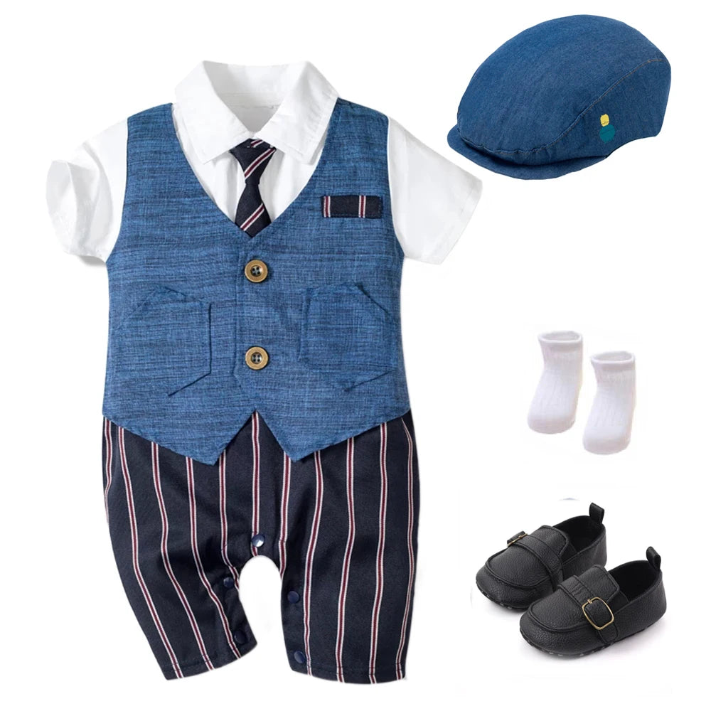 Charming Blue Summer Baby Romper Set for Boys - Complete 4 Piece Outfit with Hat, Stylish Jumpsuit, Comfy Shoes, and Cute Socks!