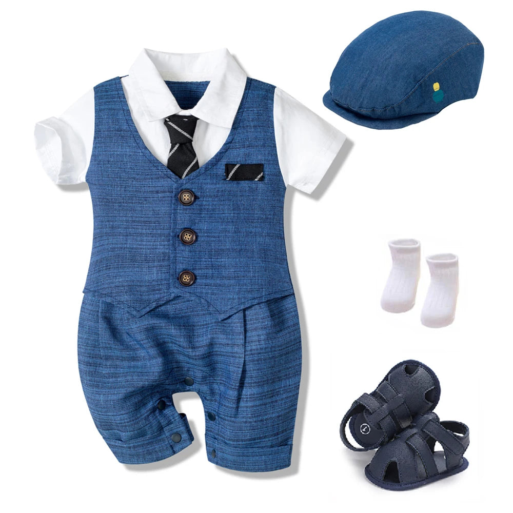 Charming Blue Summer Baby Romper Set for Boys - Complete 4 Piece Outfit with Hat, Stylish Jumpsuit, Comfy Shoes, and Cute Socks!