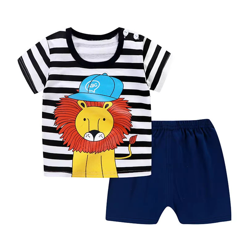 Stylish Designer Baby Boy Sportswear Set: Comfortable Striped T-Shirt and Shorts for Active Play in Baseball and Football Themes