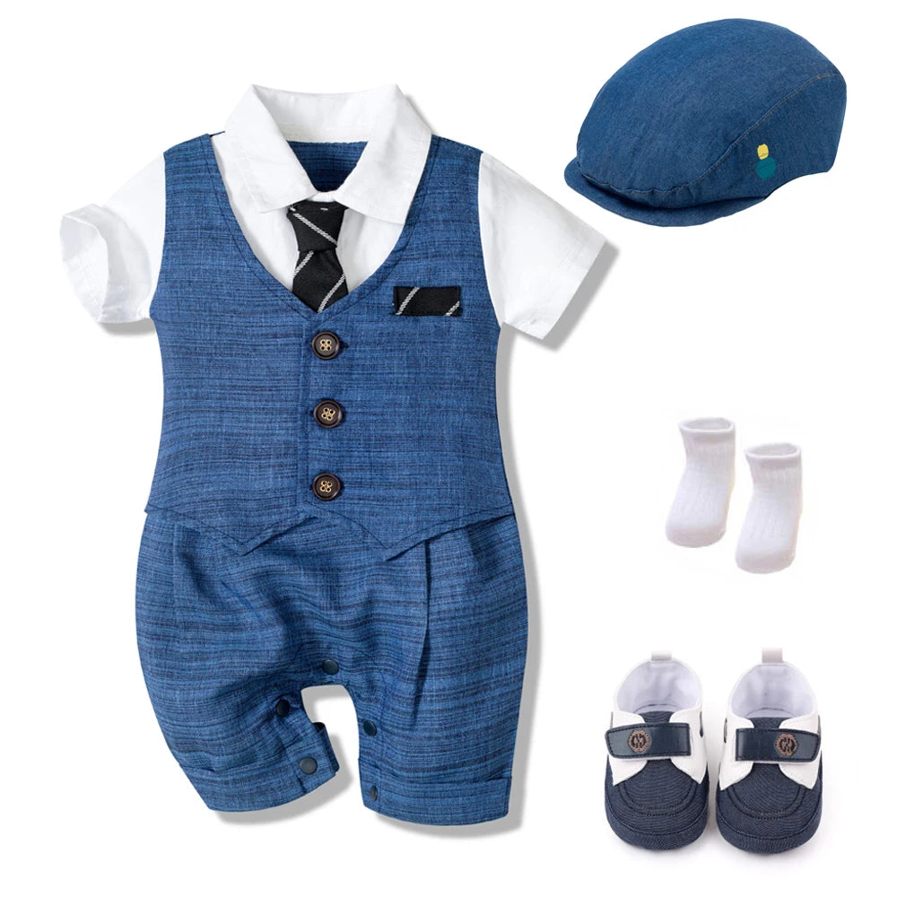 Charming Blue Summer Baby Romper Set for Boys - Complete 4 Piece Outfit with Hat, Stylish Jumpsuit, Comfy Shoes, and Cute Socks!