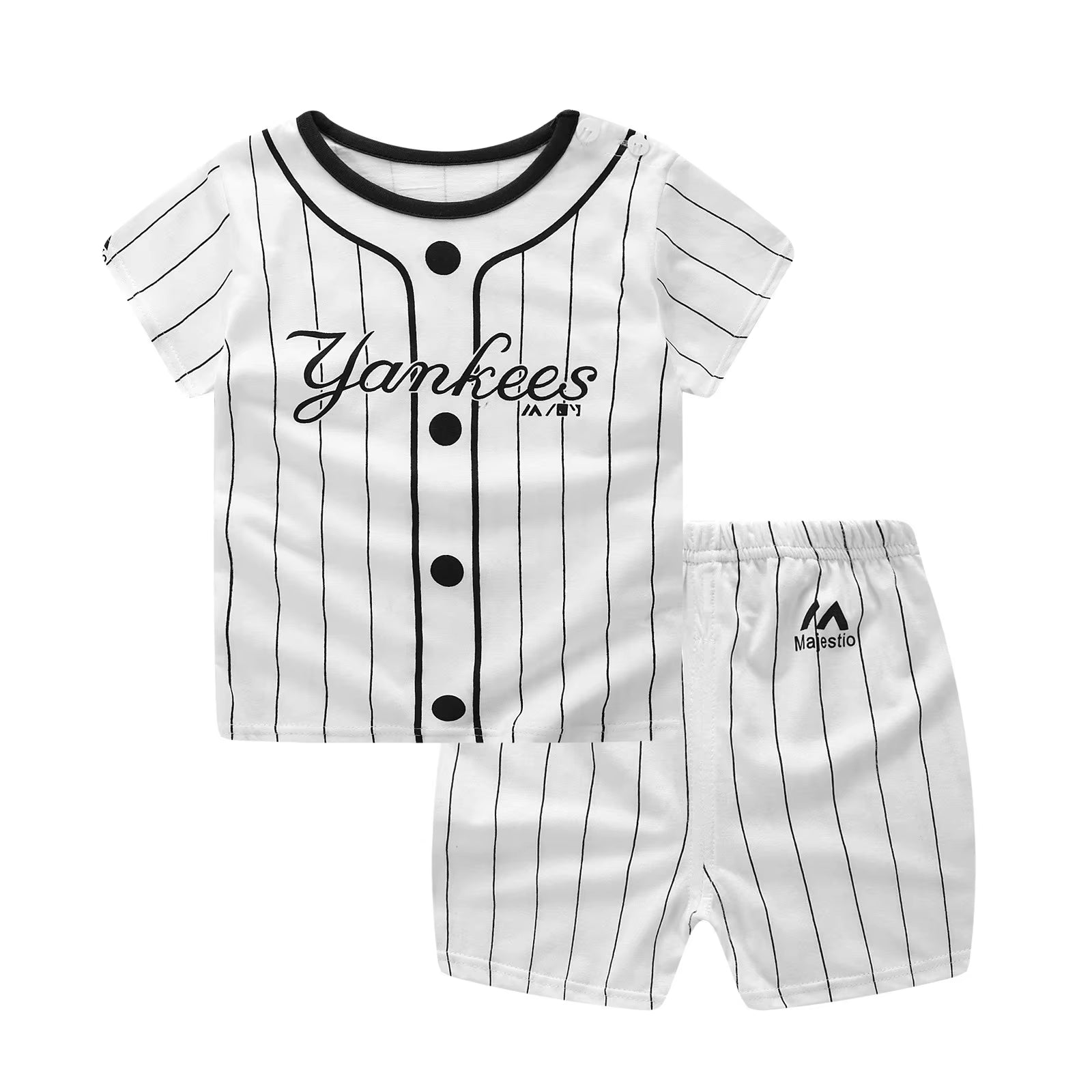 Stylish Designer Baby Boy Sportswear Set: Comfortable Striped T-Shirt and Shorts for Active Play in Baseball and Football Themes