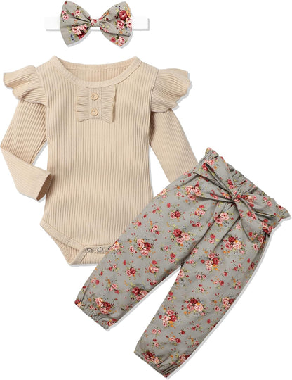 Lil' Chic Newborn Baby Girl Outfit Set - Stylish Ribbed Ruffle Sleeve Romper, Floral Pants & Matching Headband - 3 Delightful Pieces for Your Little Fashionista