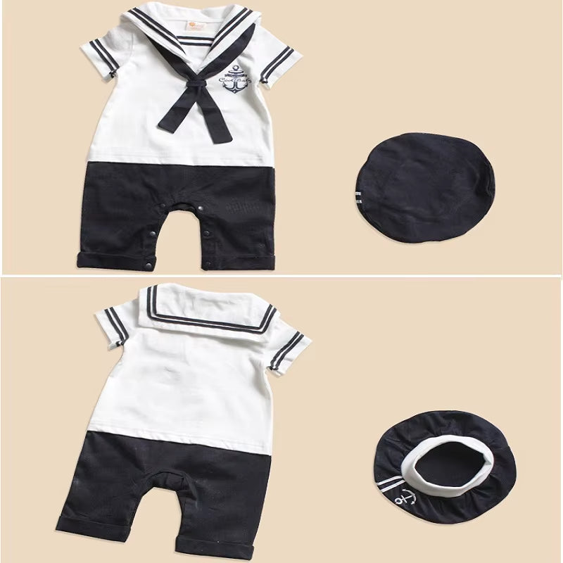 2024 Baby Rompers Navy Sailor Newborn Clothes Baby Boys Jumpsuits Shortall 100% Cotton Seaman Costume for Baby Clothing 80 90 95