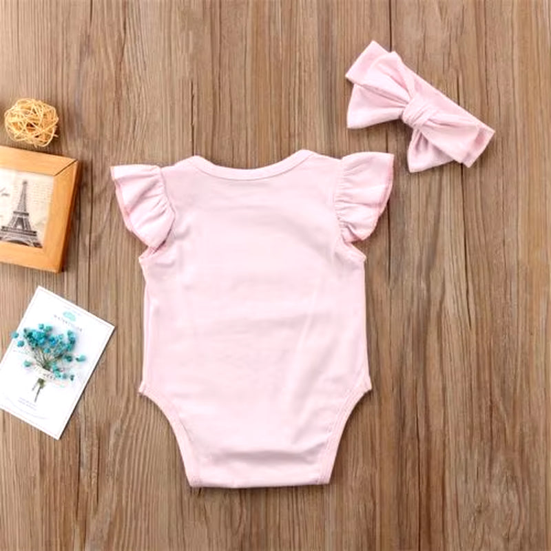 Adorable Girls' Letter Print Bodysuit & Bow Headband Set - Stylish Comfort for Your Newborn's Wardrobe