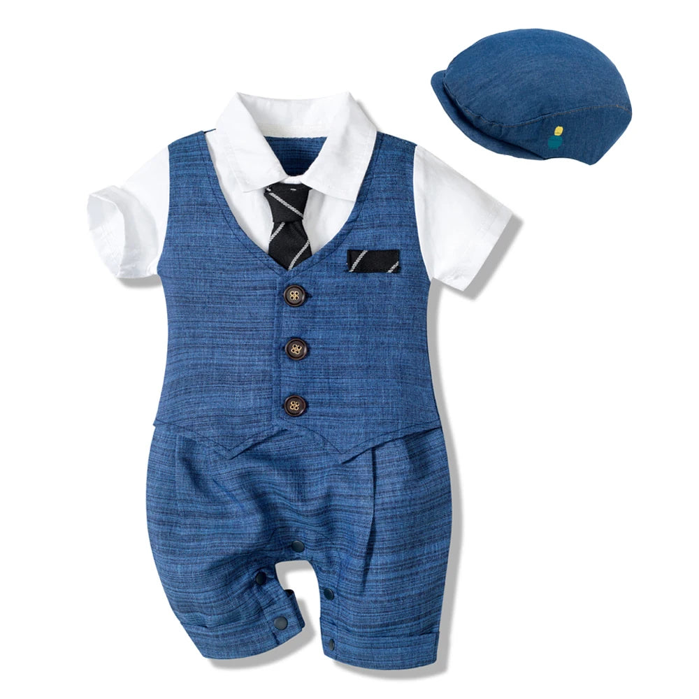 Charming Blue Summer Baby Romper Set for Boys - Complete 4 Piece Outfit with Hat, Stylish Jumpsuit, Comfy Shoes, and Cute Socks!