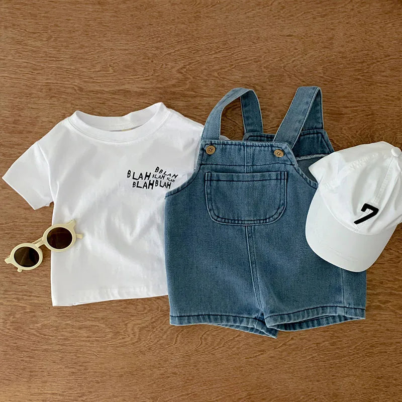 Charming 2024 Summer Infant Clothing Set: Adorable T-Shirt and Denim Overall Ensemble for Toddlers