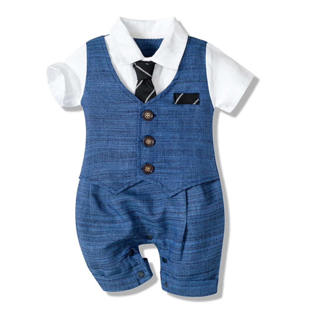 Charming Blue Summer Baby Romper Set for Boys - Complete 4 Piece Outfit with Hat, Stylish Jumpsuit, Comfy Shoes, and Cute Socks!